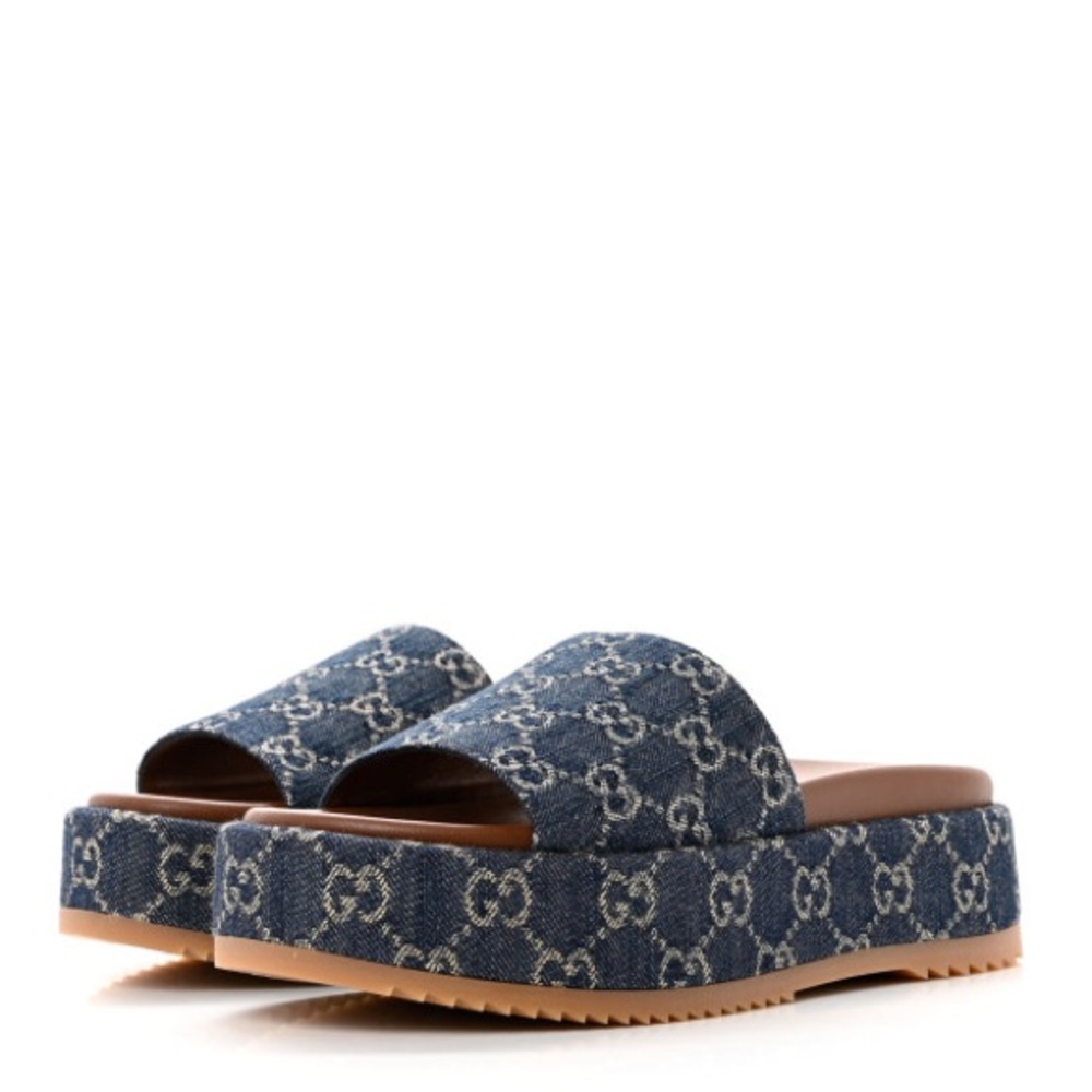 New Gucci Denim GG Monogram Angelina Blue Tea Platform Slide Sandals Size 38